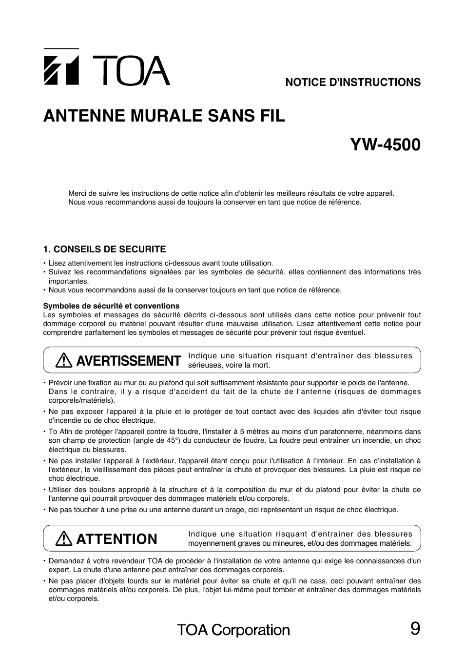 Yw-4500 antenne murale sans fil, Attention, Avertissement | Notice d'instructions | Toa YW-4500 User Manual | Page 9 / 20