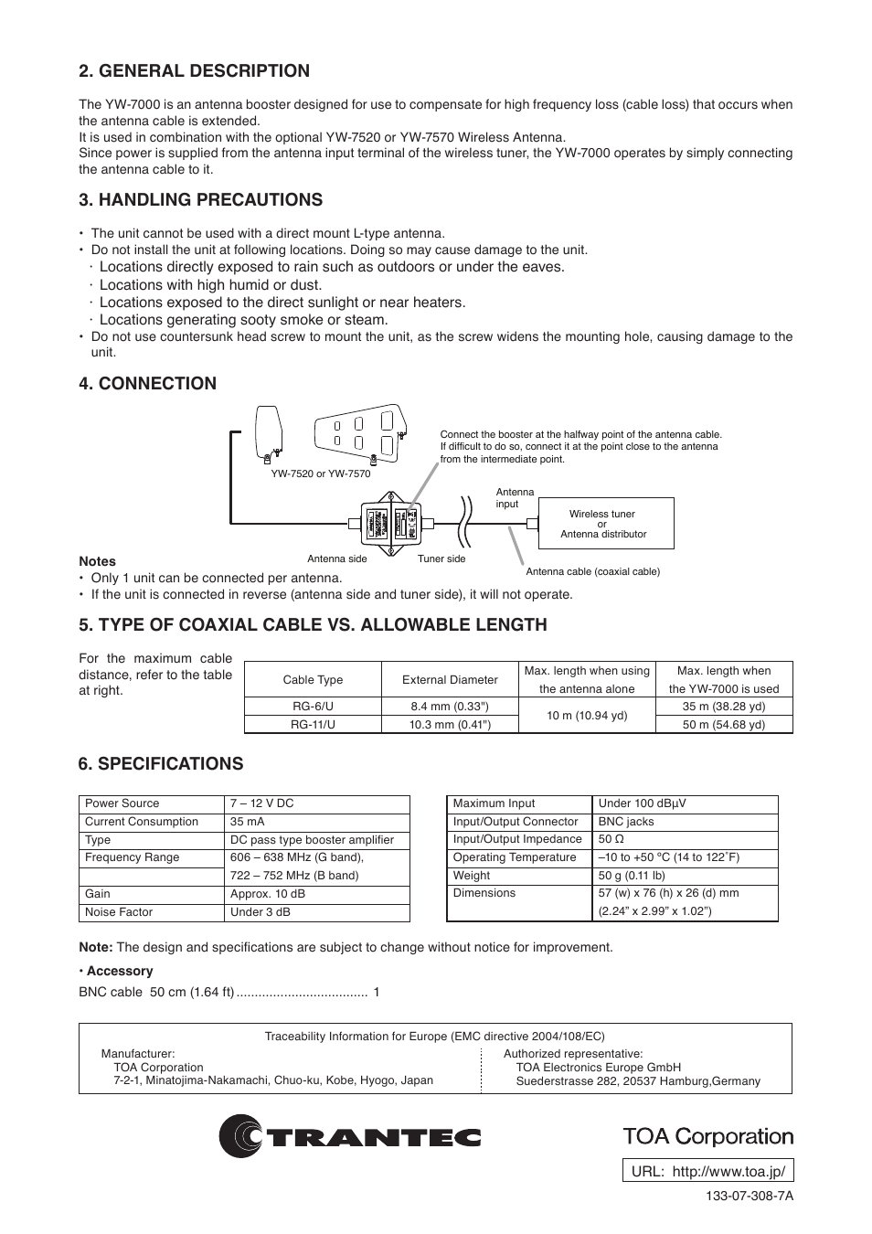 General description, Handling precautions, Connection | Type of coaxial cable vs. allowable length, Specifications | Toa YW-7000 User Manual | Page 2 / 2