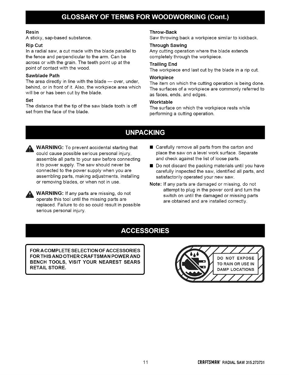 Unpacking, Accessories, T7t77 | Craftsman 315.273731 User Manual | Page 11 / 80