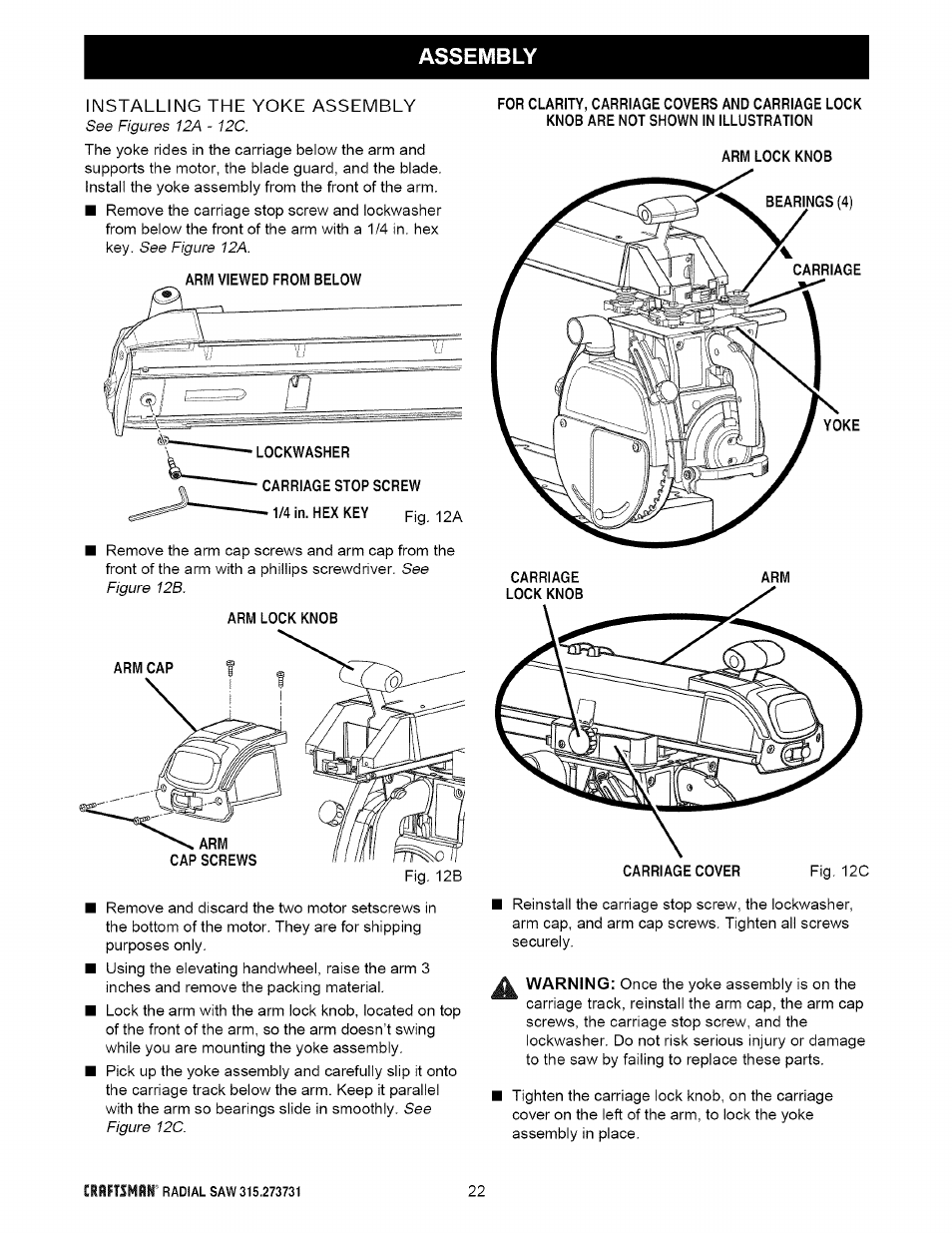 Assembly, Installing the yoke assembly | Craftsman 315.273731 User Manual | Page 22 / 80