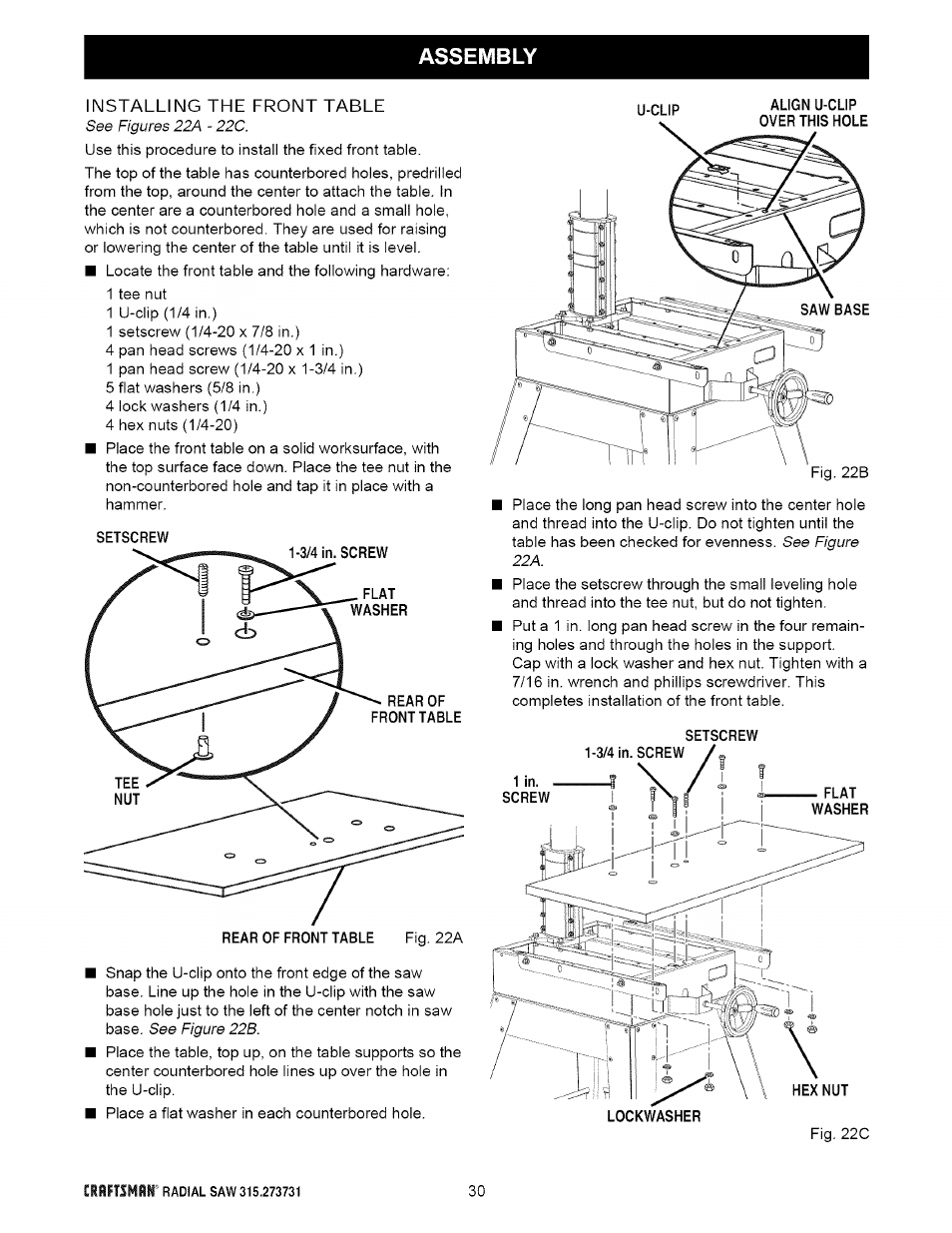 Assembly, Installing the front table | Craftsman 315.273731 User Manual | Page 30 / 80