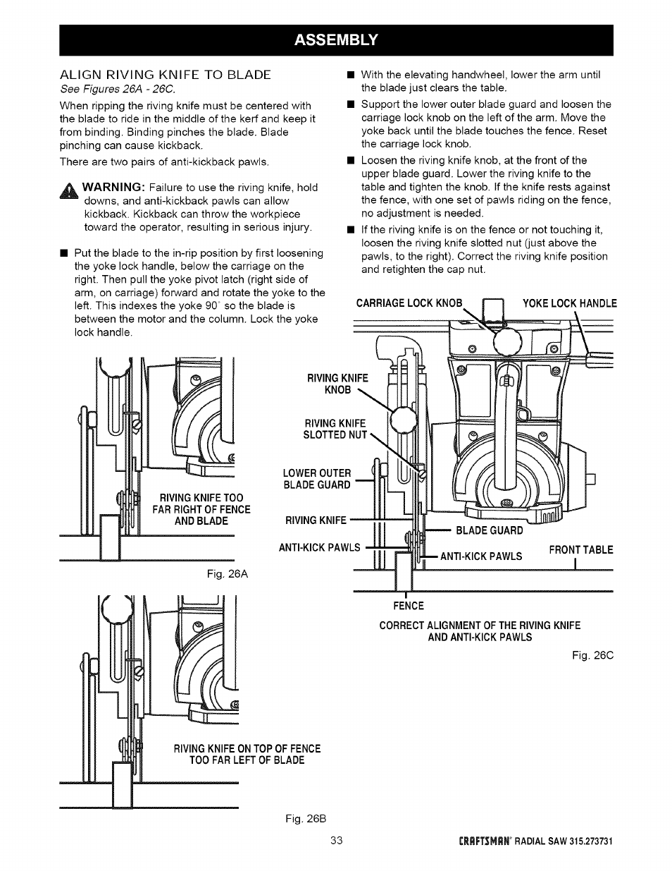 Assembly, Align riving knife to blade | Craftsman 315.273731 User Manual | Page 33 / 80