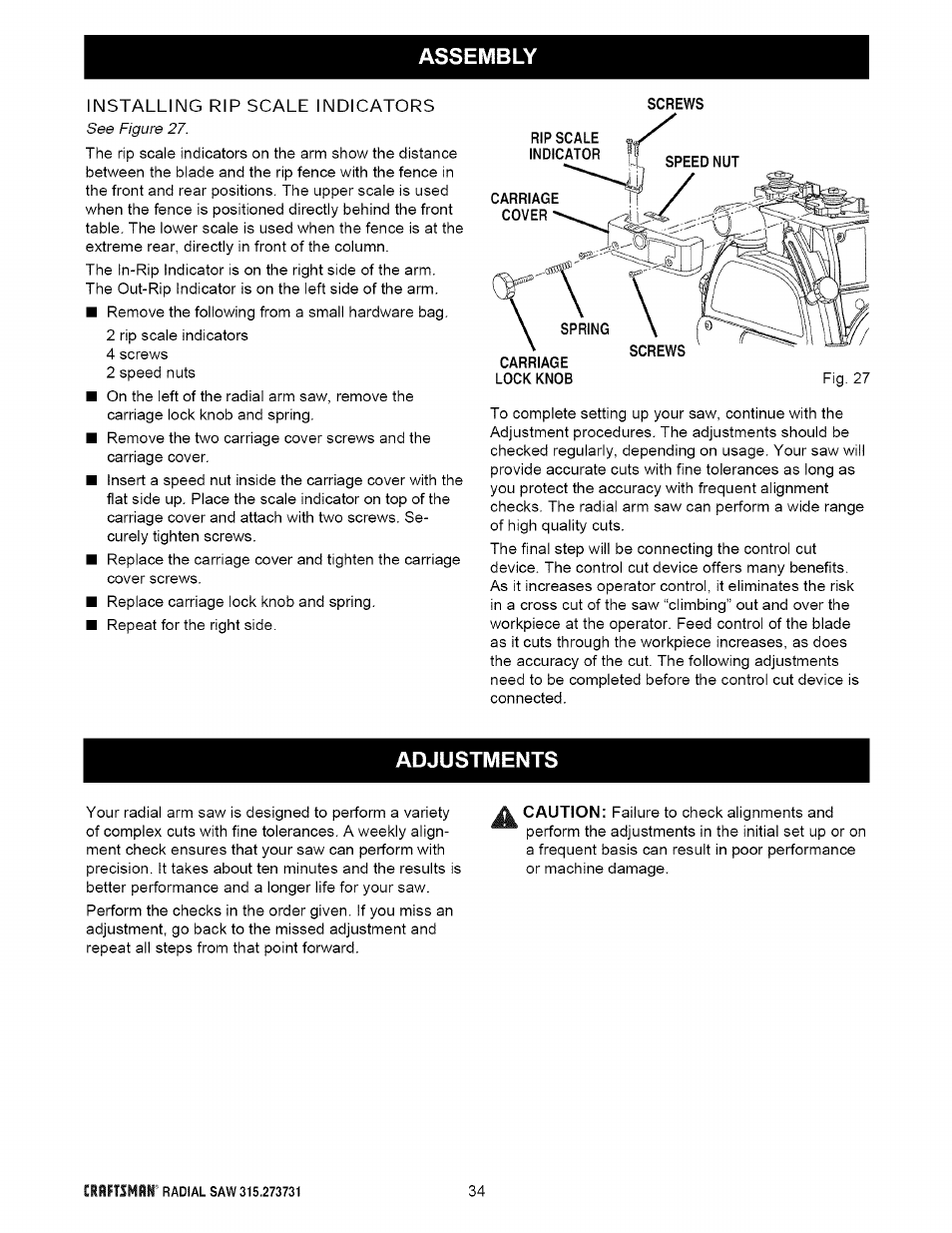 Adjustments | Craftsman 315.273731 User Manual | Page 34 / 80