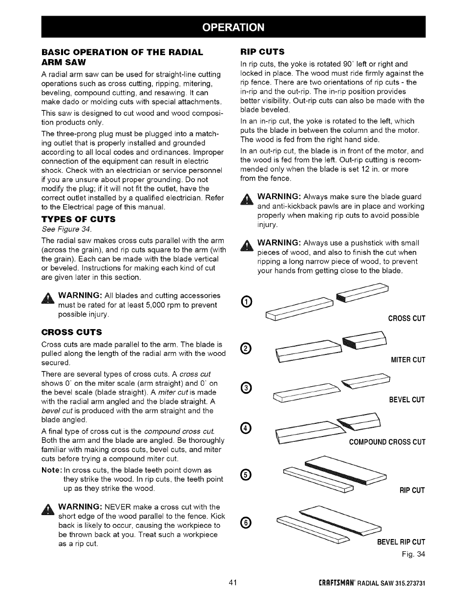 Basic operation of the radial arm saw, Types of cuts, Cross cuts | Rip cuts | Craftsman 315.273731 User Manual | Page 41 / 80