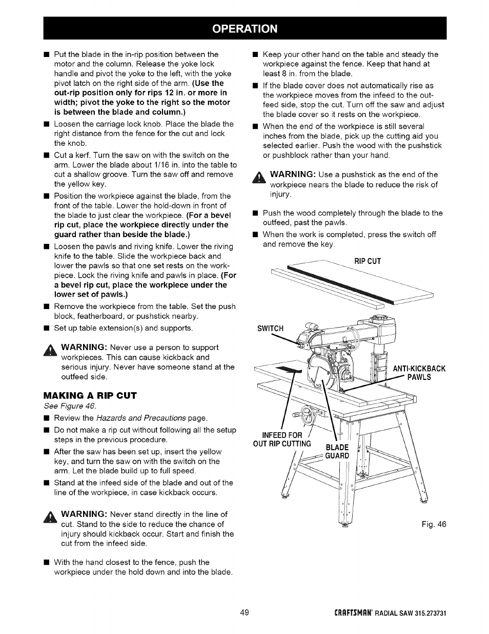 Making a rip cut | Craftsman 315.273731 User Manual | Page 49 / 80