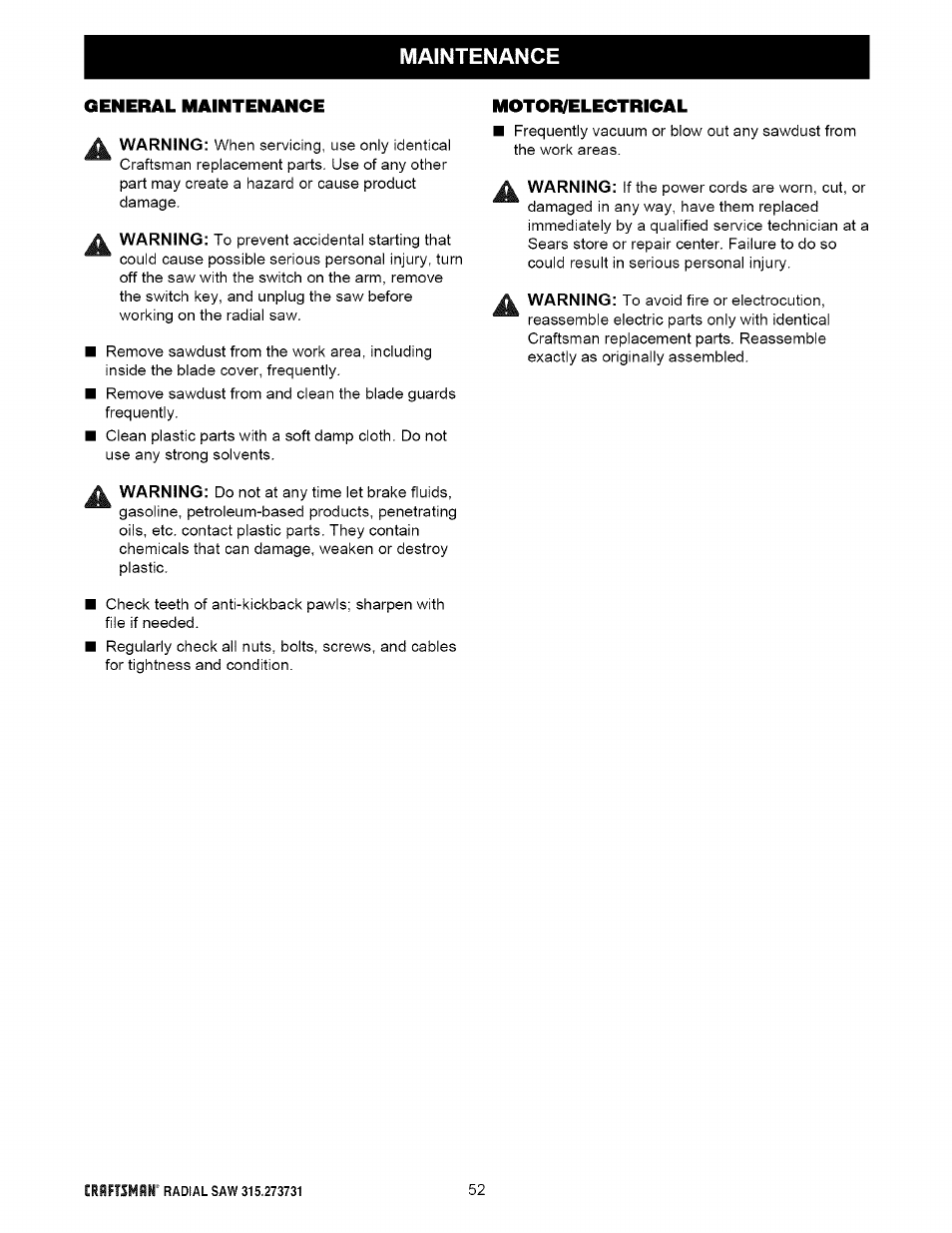 General maintenance, Motor/electrical | Craftsman 315.273731 User Manual | Page 52 / 80