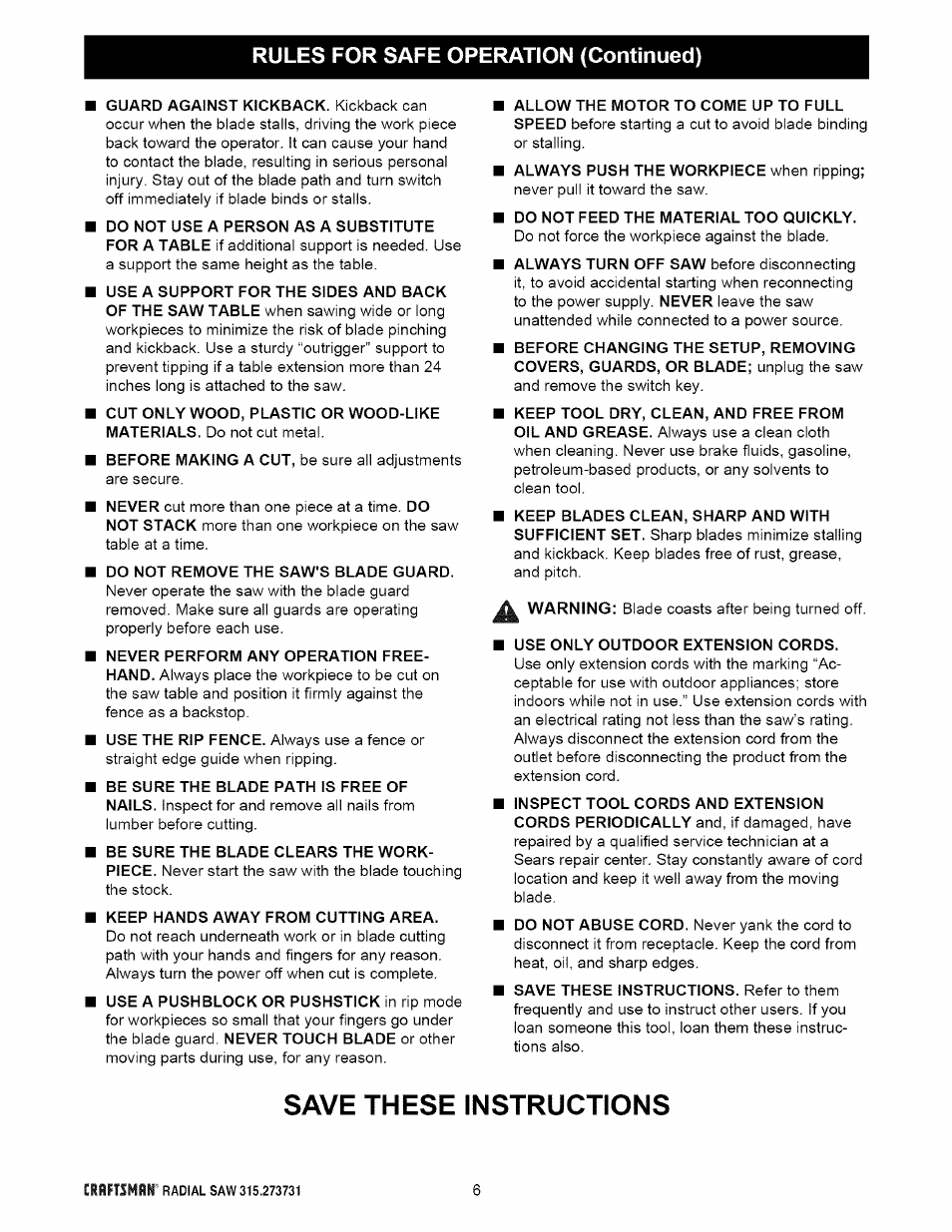 Save these instructions | Craftsman 315.273731 User Manual | Page 6 / 80