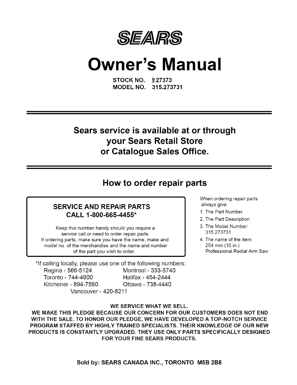 Owner’s manual | Craftsman 315.273731 User Manual | Page 80 / 80