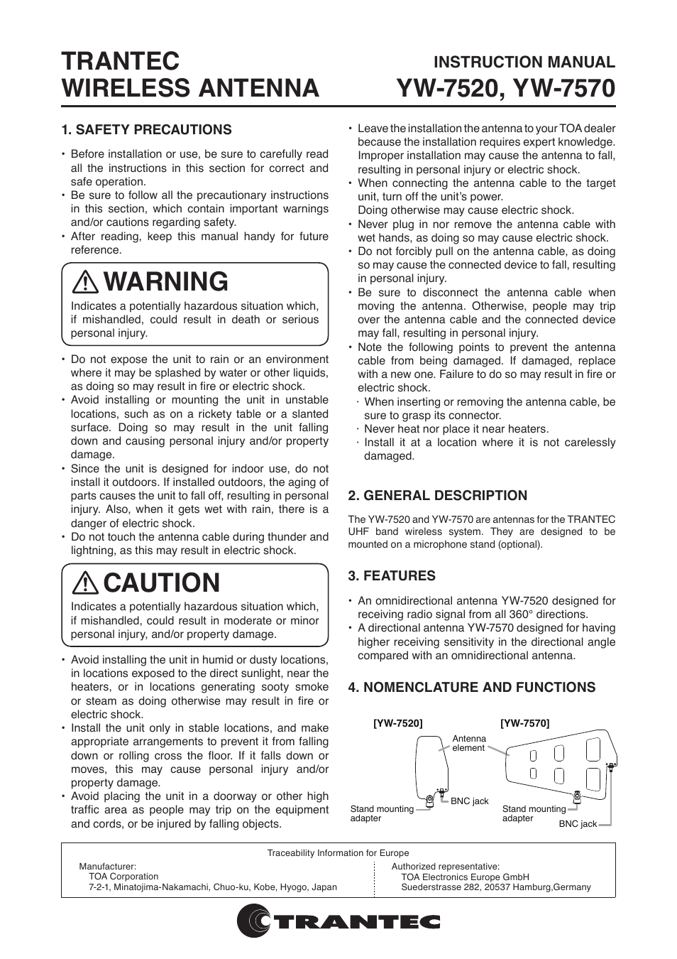 Toa YW-7570 User Manual | 2 pages