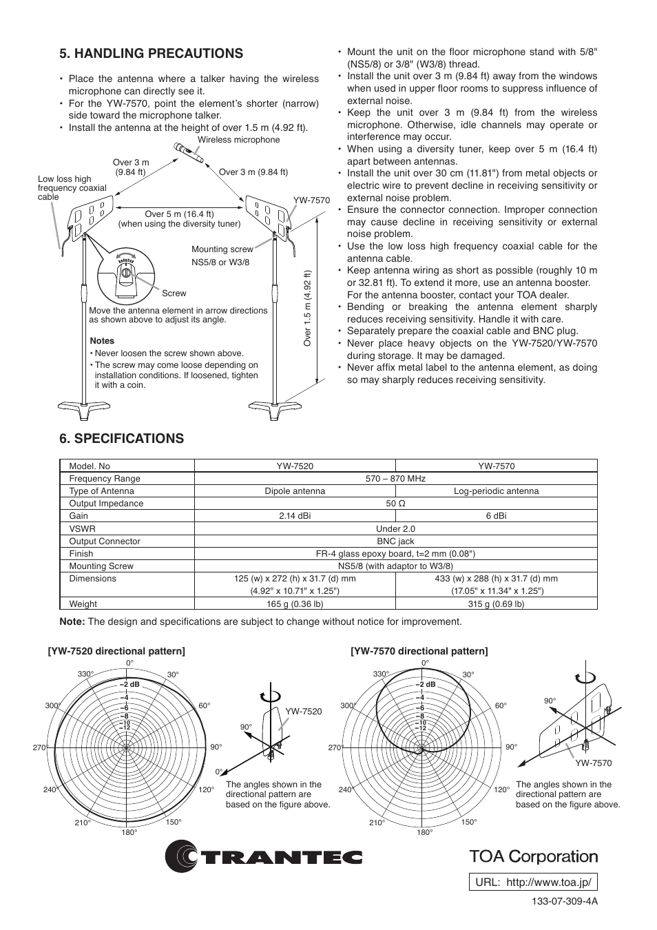 Handling precautions, Specifications | Toa YW-7570 User Manual | Page 2 / 2