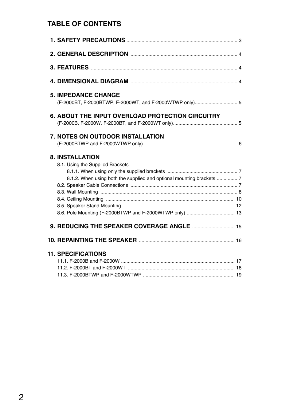 Toa F-2000WTWP User Manual | Page 2 / 20