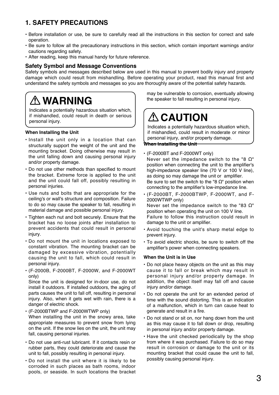 Warning, Caution, Safety precautions | Toa F-2000WTWP User Manual | Page 3 / 20