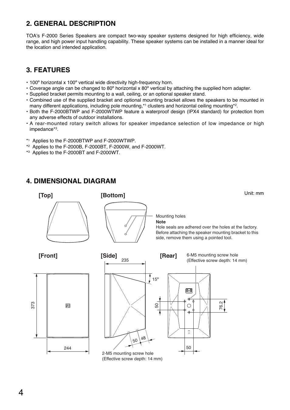 General description, Features, Dimensional diagram | Front] [top] [side] [rear, Bottom | Toa F-2000WTWP User Manual | Page 4 / 20