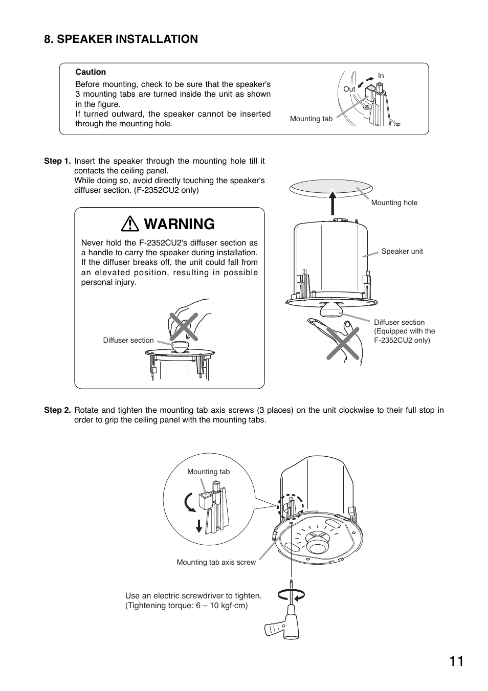 Warning, Speaker installation | Toa F-2352CU2 User Manual | Page 11 / 16