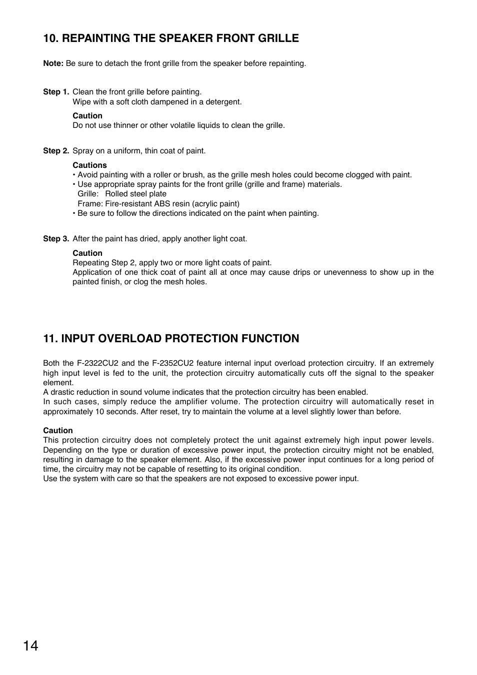 Repainting the speaker front grille, Input overload protection function | Toa F-2352CU2 User Manual | Page 14 / 16