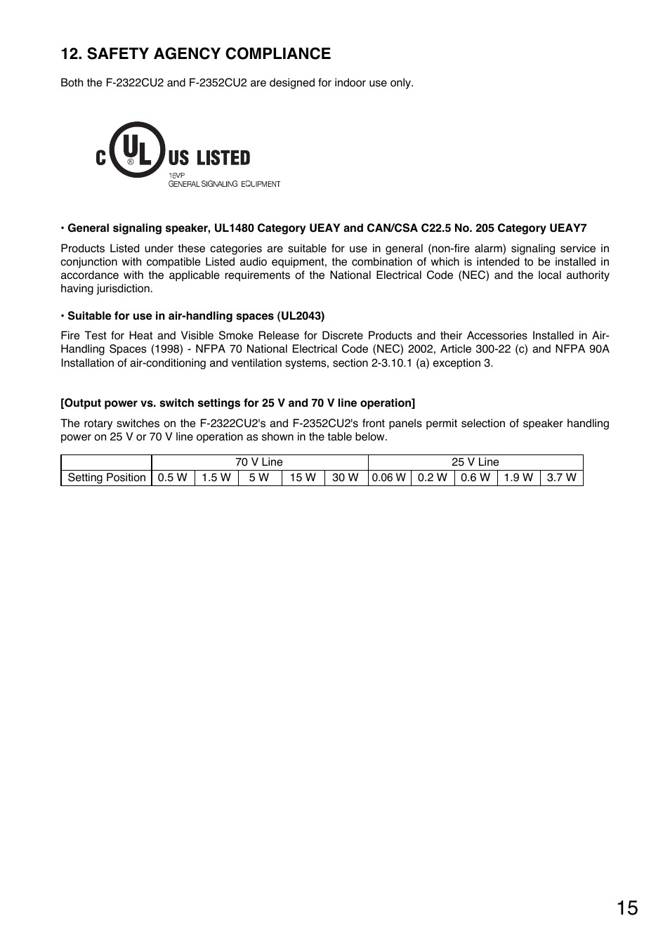 Safety agency compliance | Toa F-2352CU2 User Manual | Page 15 / 16