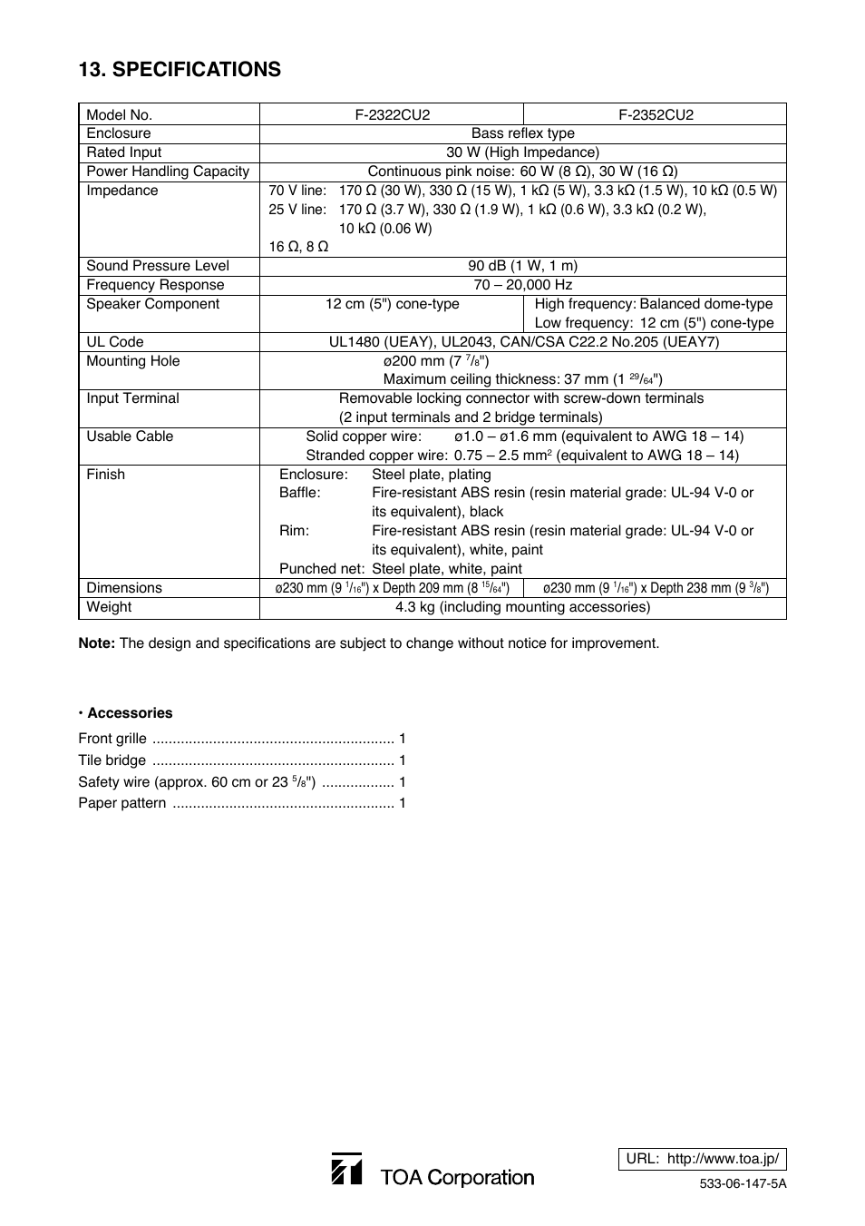 Specifications | Toa F-2352CU2 User Manual | Page 16 / 16