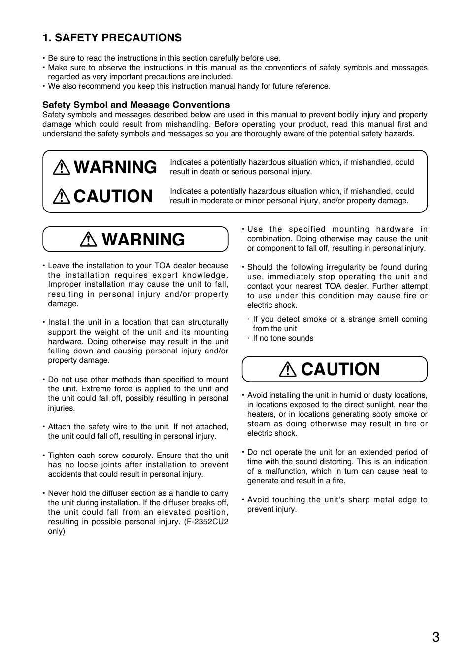 Caution, Warning, Warning caution | Toa F-2352CU2 User Manual | Page 3 / 16