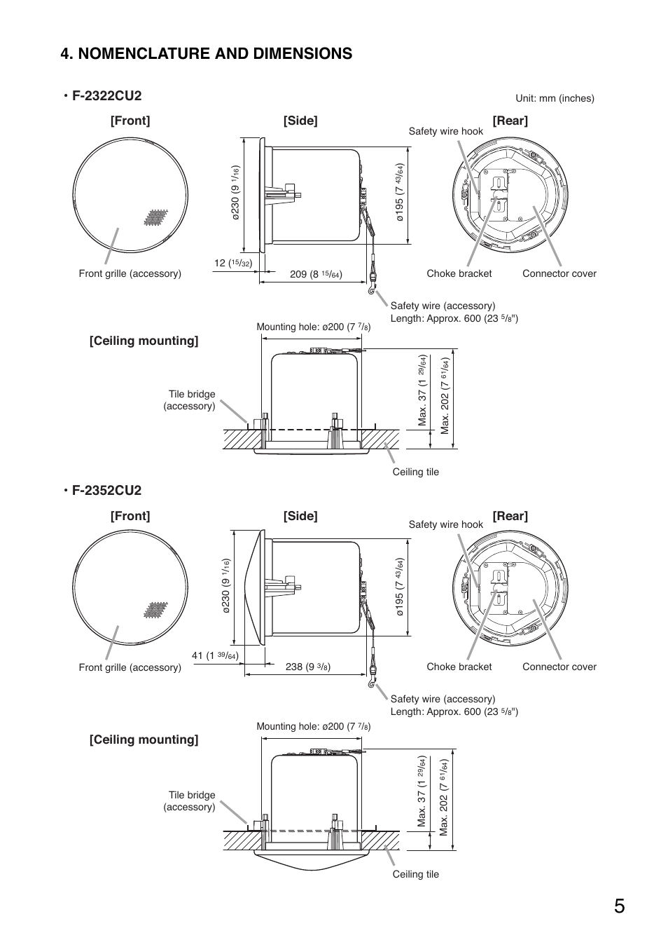 Nomenclature and dimensions, Front] [ceiling mounting] [ceiling mounting] [side, Side] [rear] [front | Rear | Toa F-2352CU2 User Manual | Page 5 / 16