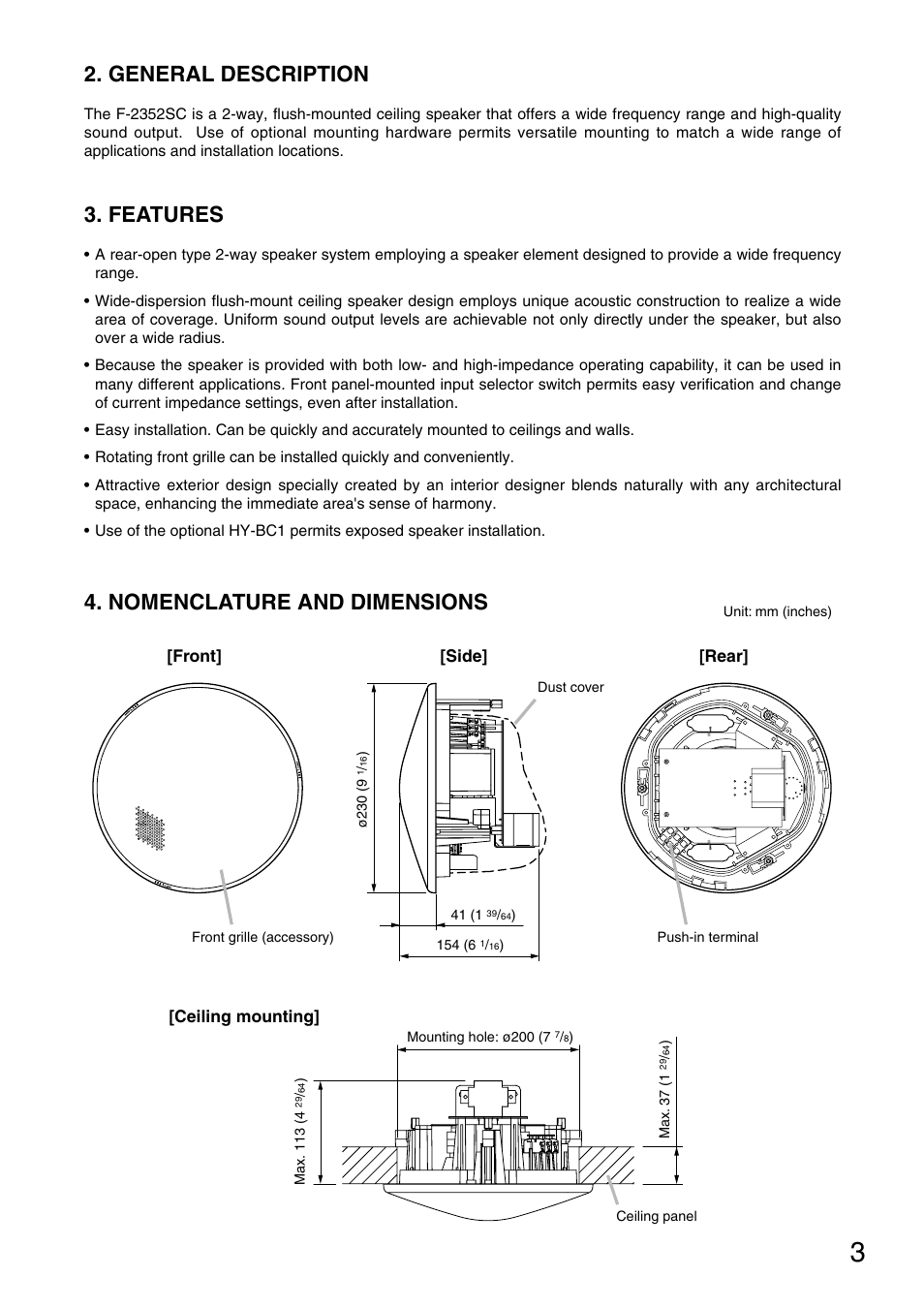 Nomenclature and dimensions, General description, Features | Toa F-2352SC User Manual | Page 3 / 12