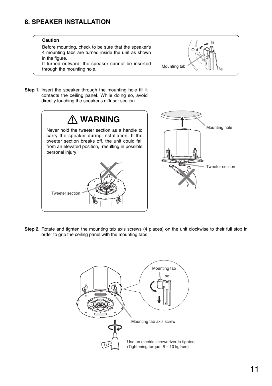 Warning, Speaker installation | Toa F-2852CU2 User Manual | Page 11 / 16