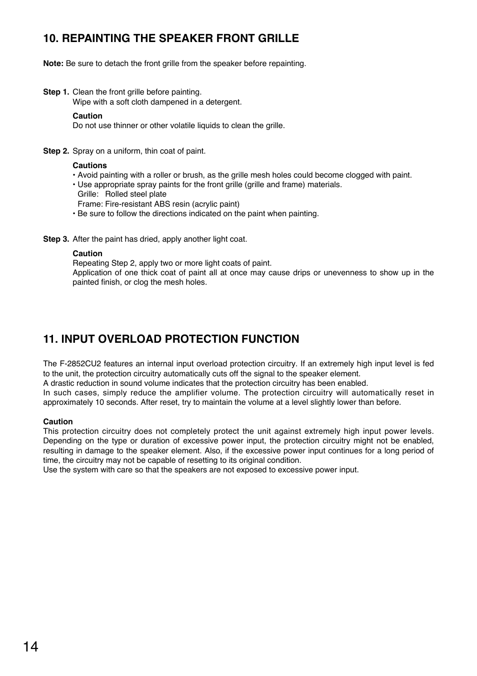 Repainting the speaker front grille, Input overload protection function | Toa F-2852CU2 User Manual | Page 14 / 16