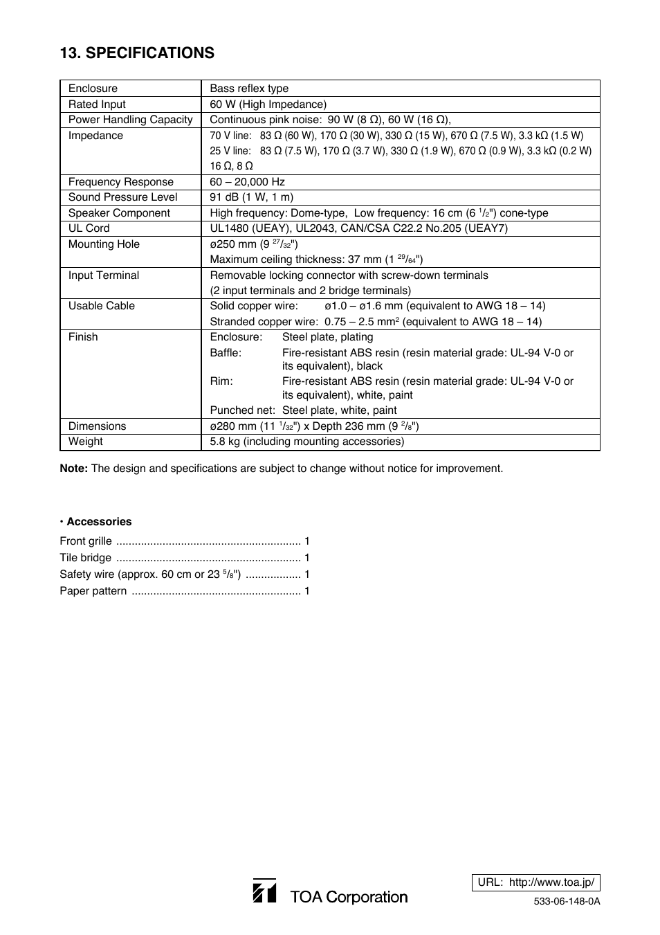 Specifications | Toa F-2852CU2 User Manual | Page 16 / 16