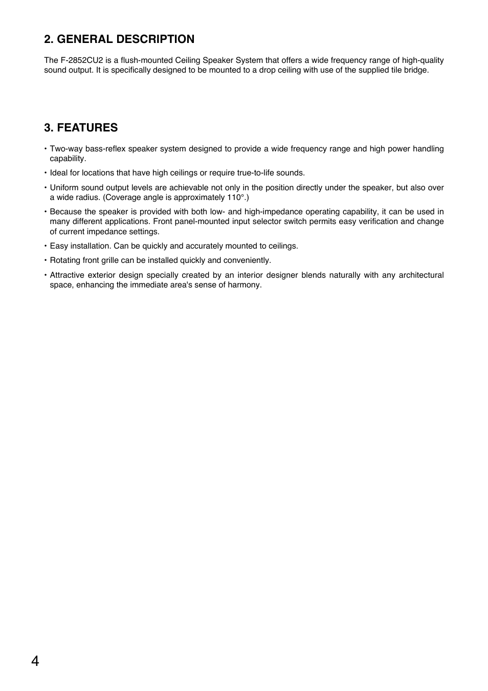 General description, Features | Toa F-2852CU2 User Manual | Page 4 / 16