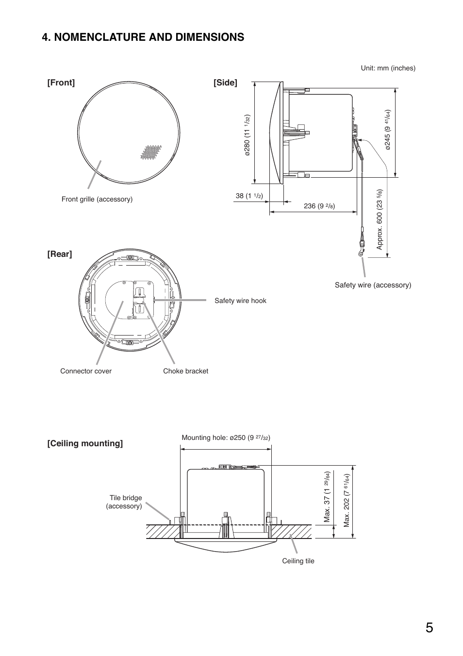 Nomenclature and dimensions, Front, Side] [rear] [ceiling mounting | Toa F-2852CU2 User Manual | Page 5 / 16