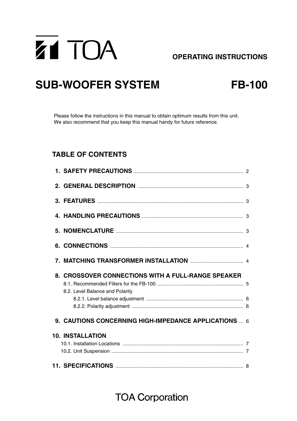 Toa FB-100 User Manual | 8 pages