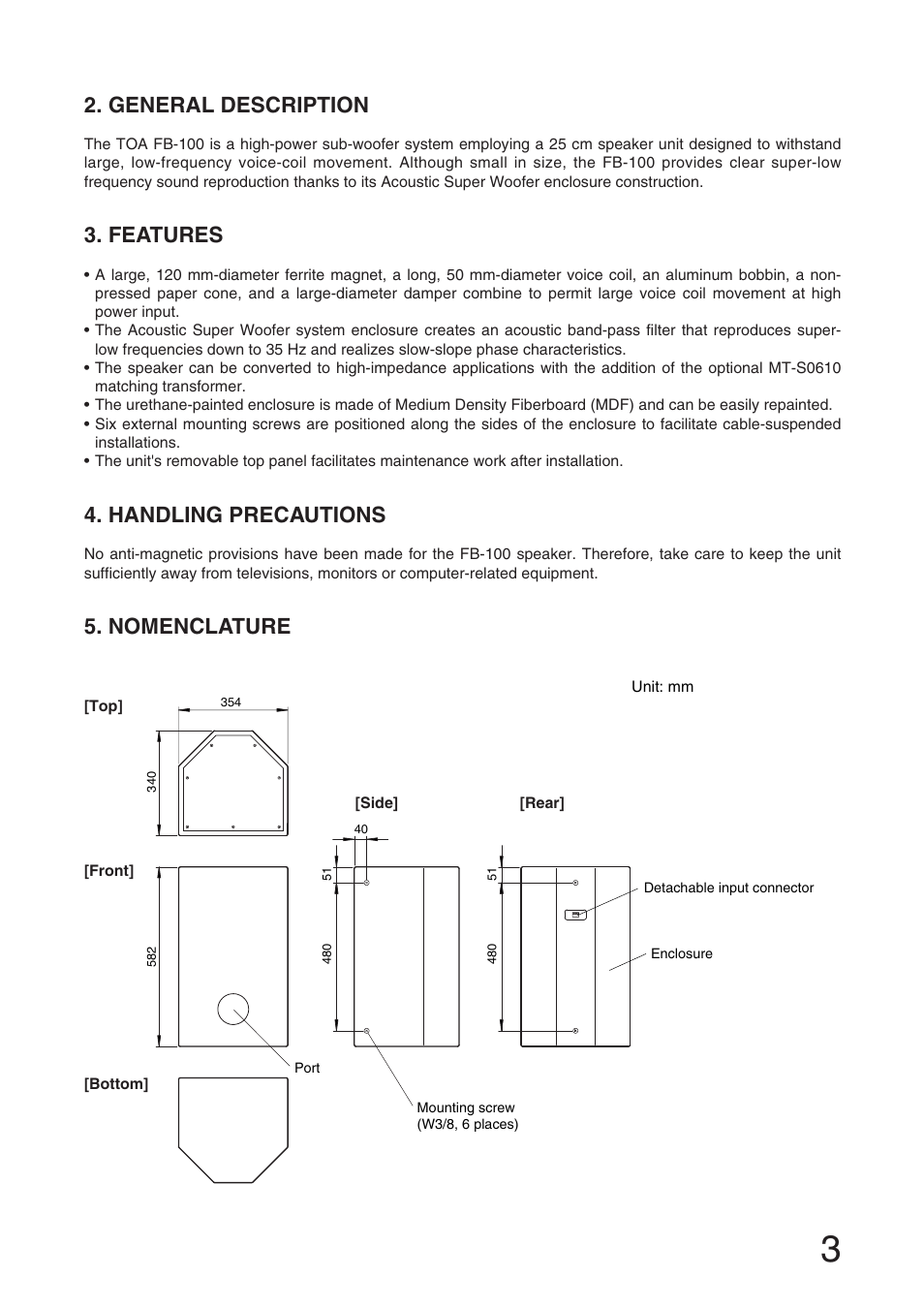 General description, Features, Handling precautions | Nomenclature | Toa FB-100 User Manual | Page 3 / 8