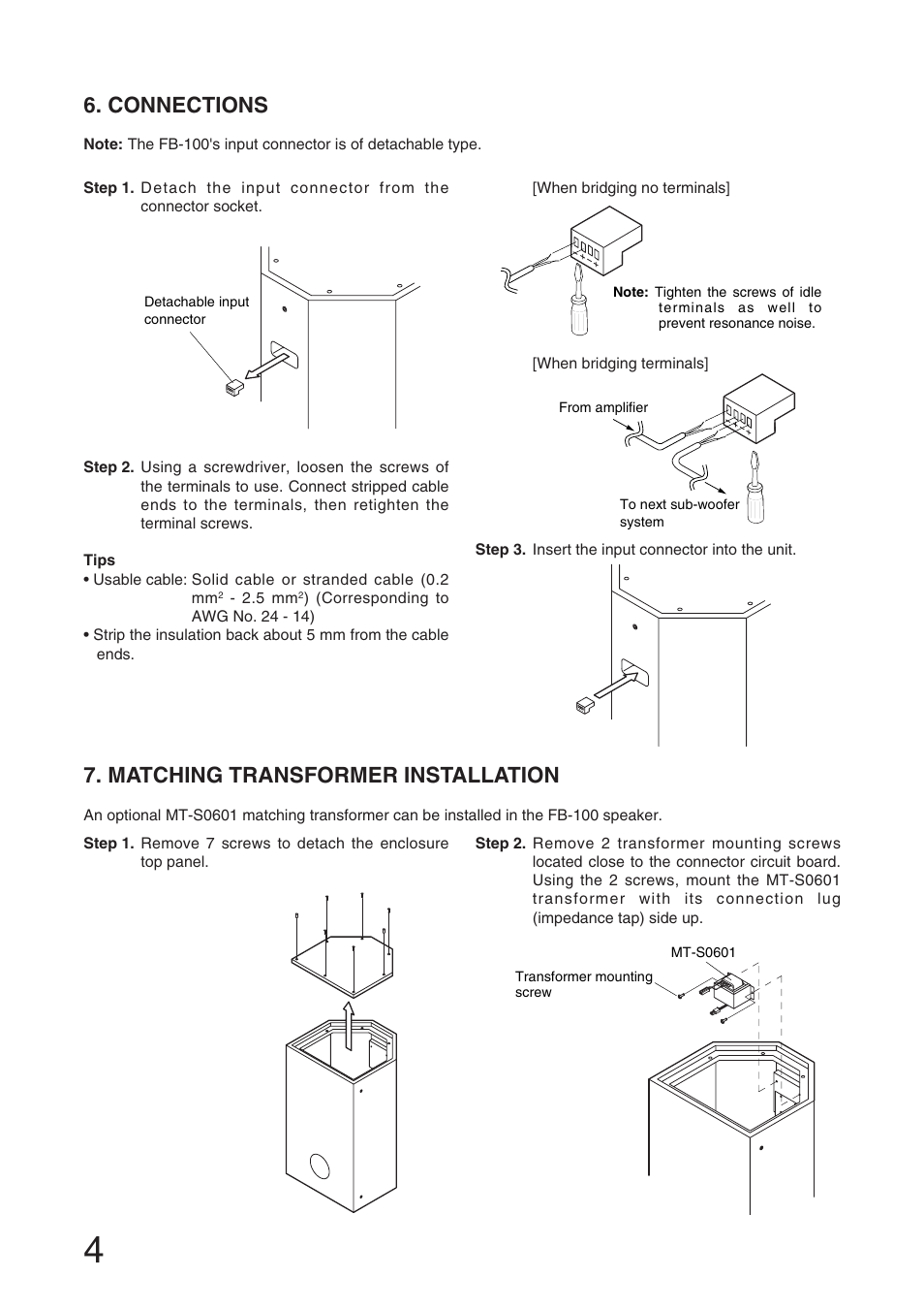 Connections, Matching transformer installation | Toa FB-100 User Manual | Page 4 / 8