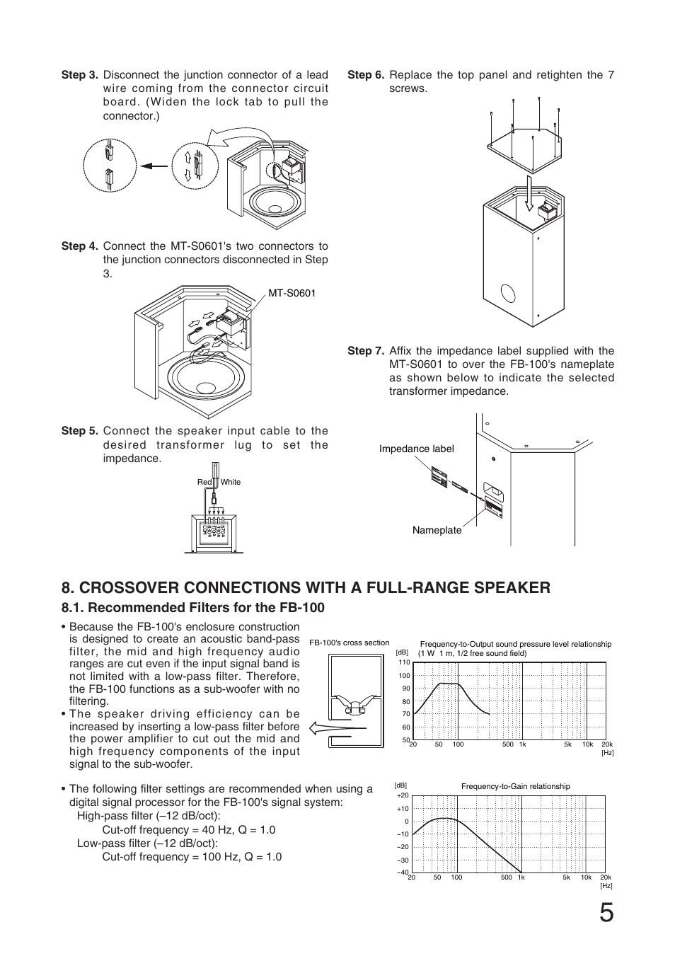 Crossover connections with a full-range speaker, Recommended filters for the fb-100 | Toa FB-100 User Manual | Page 5 / 8