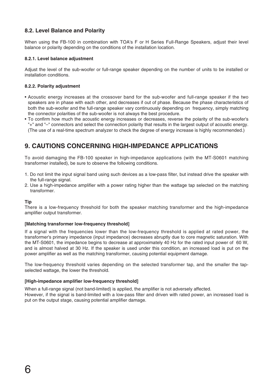 Cautions concerning high-impedance applications | Toa FB-100 User Manual | Page 6 / 8