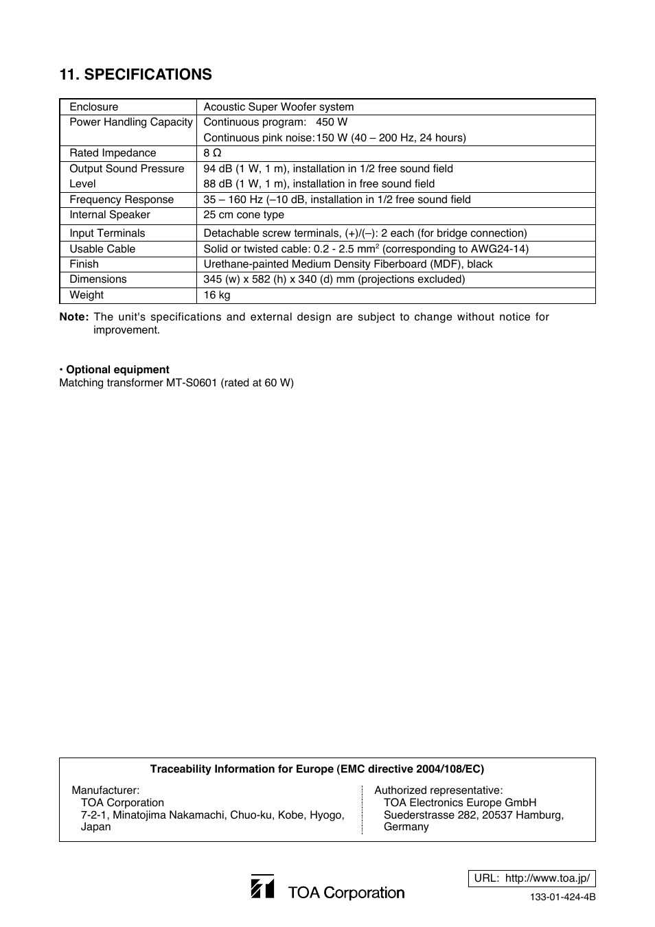 Specifications | Toa FB-100 User Manual | Page 8 / 8