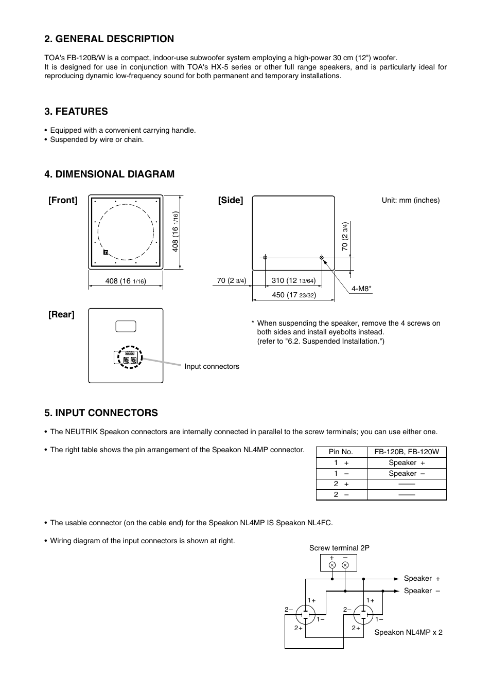 Input connectors, General description, Features | Dimensional diagram | Toa FB-120W User Manual | Page 2 / 4