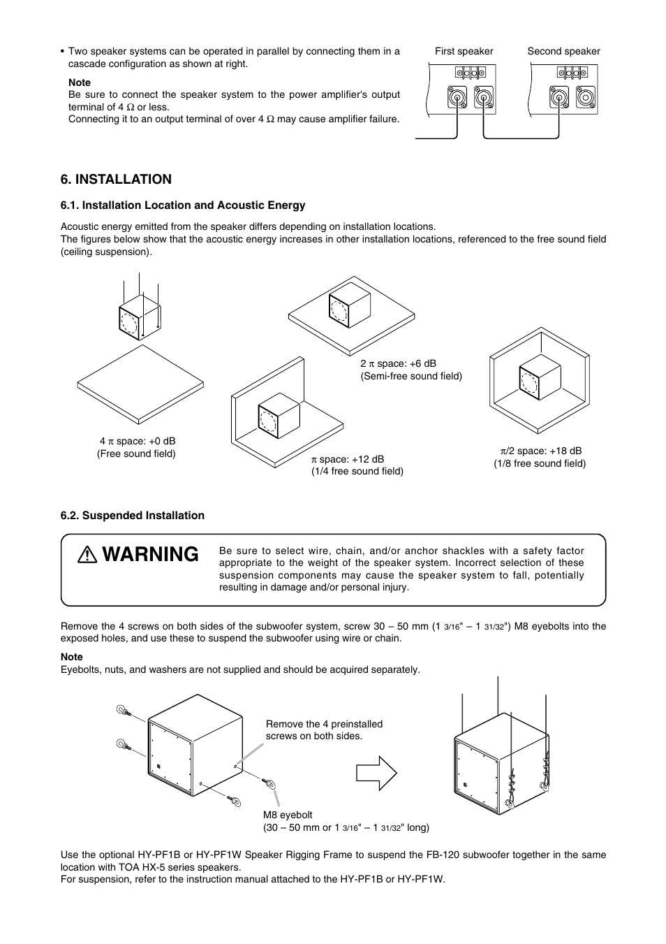 Warning, Installation | Toa FB-120W User Manual | Page 3 / 4