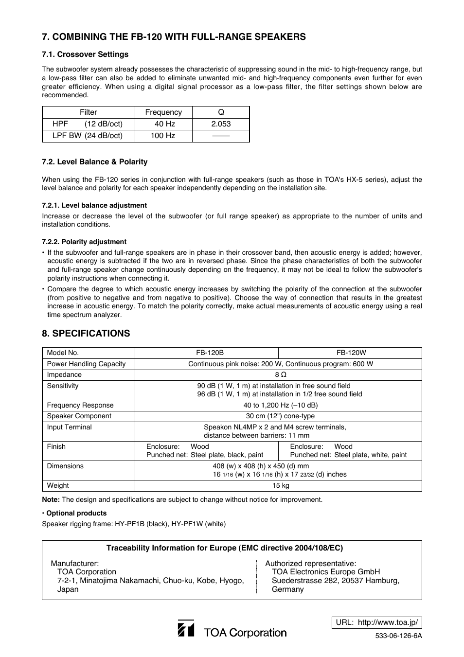 Combining the fb-120 with full-range speakers, Specifications | Toa FB-120W User Manual | Page 4 / 4