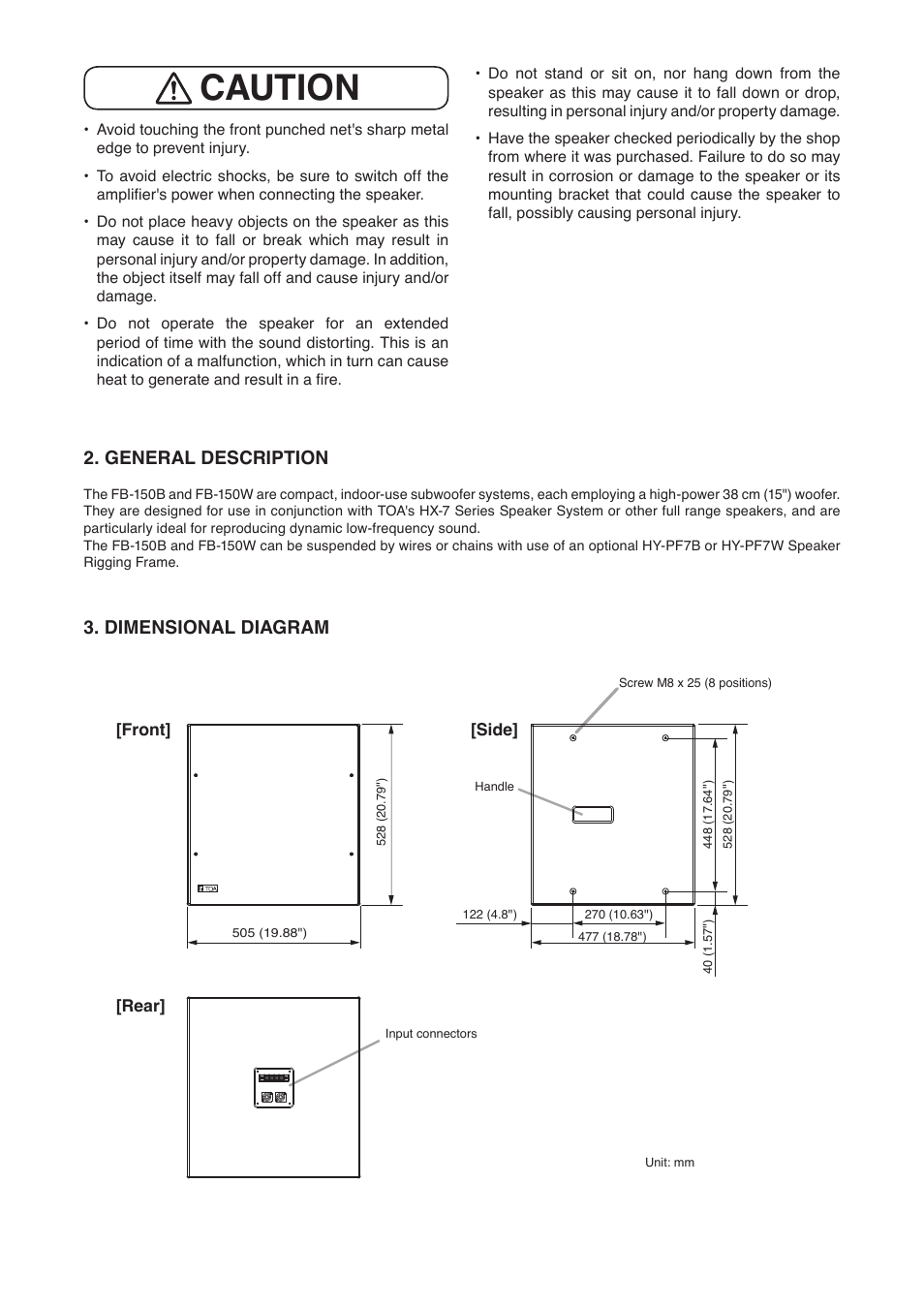 Caution, General description, Dimensional diagram | Toa FB-150W User Manual | Page 2 / 4