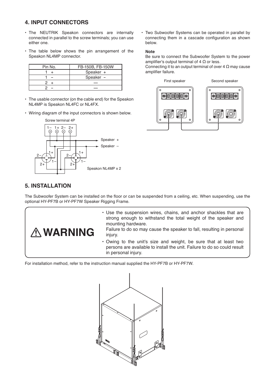 Warning, Installation, Input connectors | Toa FB-150W User Manual | Page 3 / 4