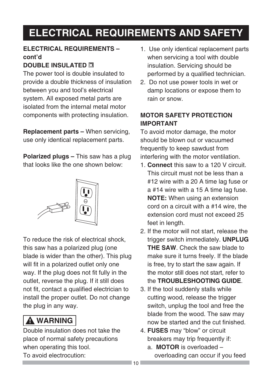 Electrical requirements and safety, Warning | Craftsman 137.21239 User Manual | Page 10 / 50