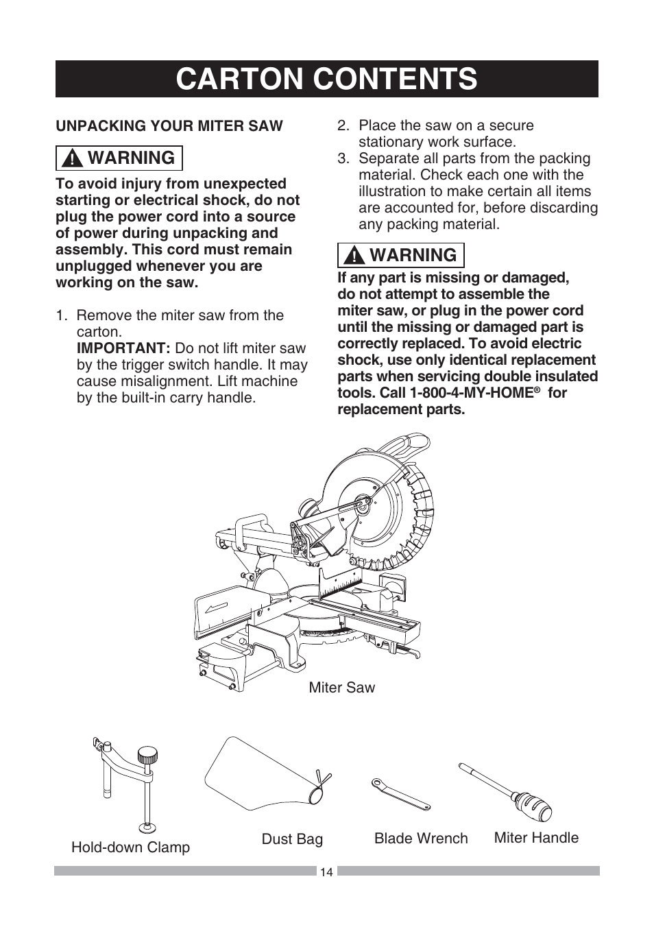 Carton contents, Warning | Craftsman 137.21239 User Manual | Page 14 / 50