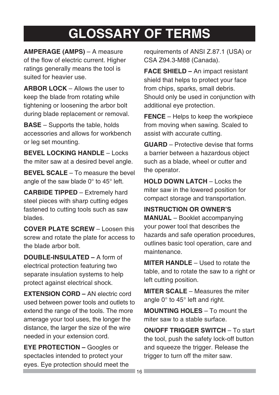 Glossary of terms | Craftsman 137.21239 User Manual | Page 16 / 50