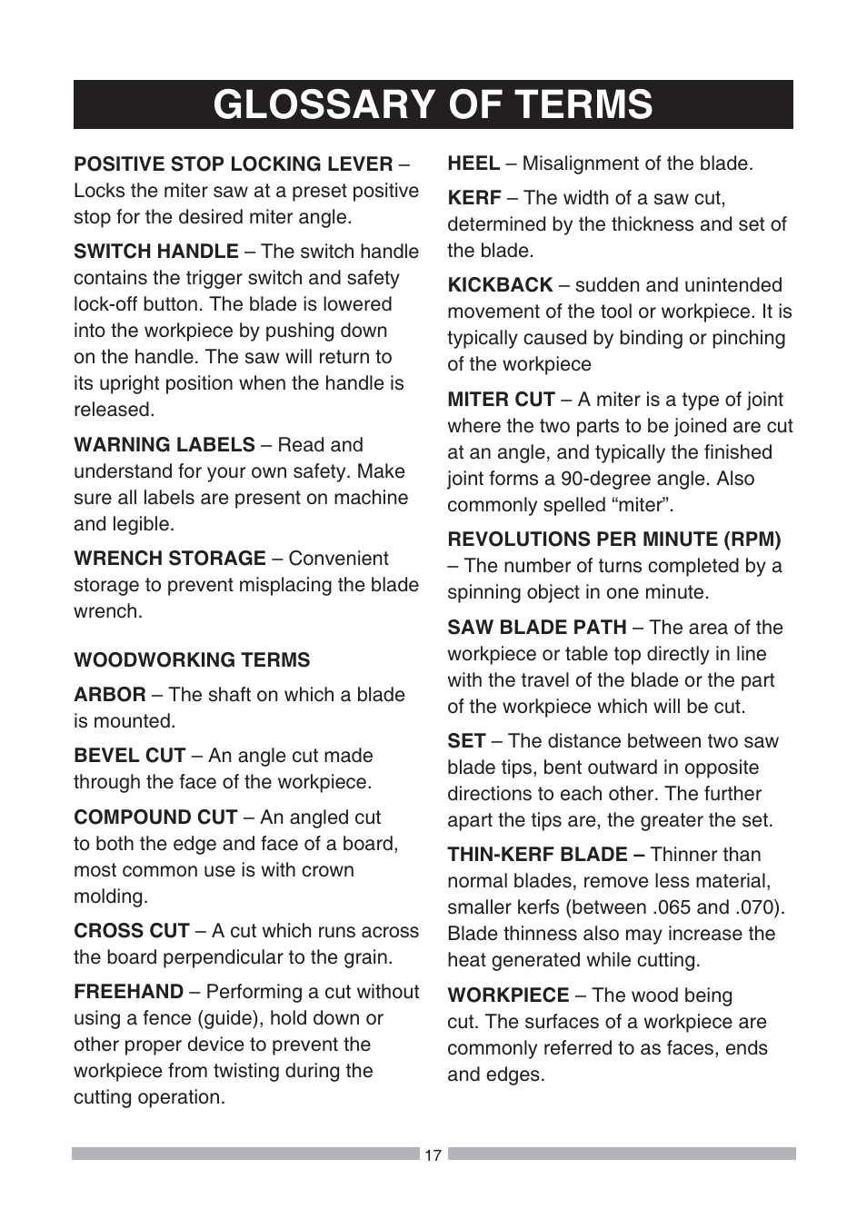 Glossary of terms | Craftsman 137.21239 User Manual | Page 17 / 50