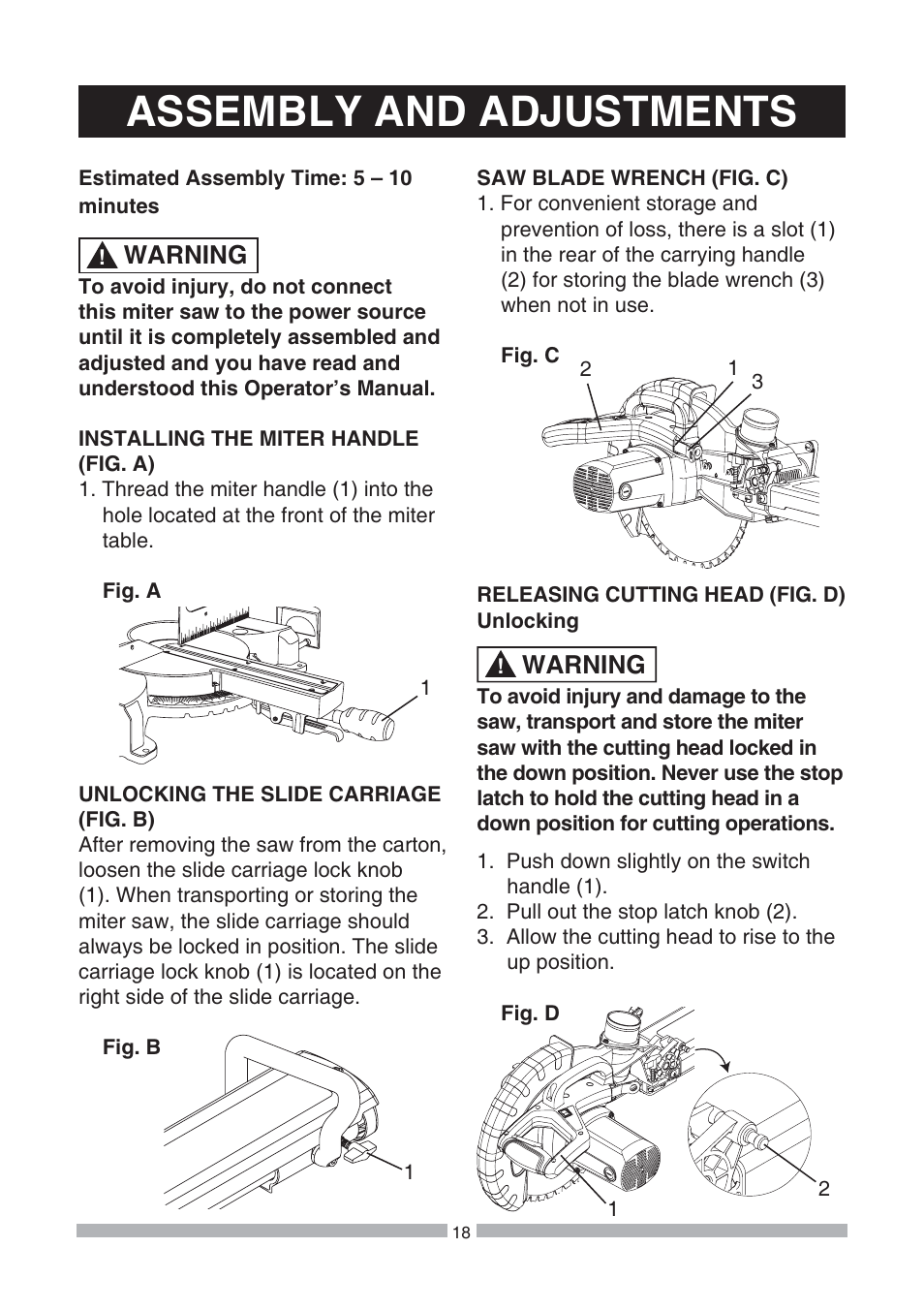 Assembly and adjustments, Warning | Craftsman 137.21239 User Manual | Page 18 / 50