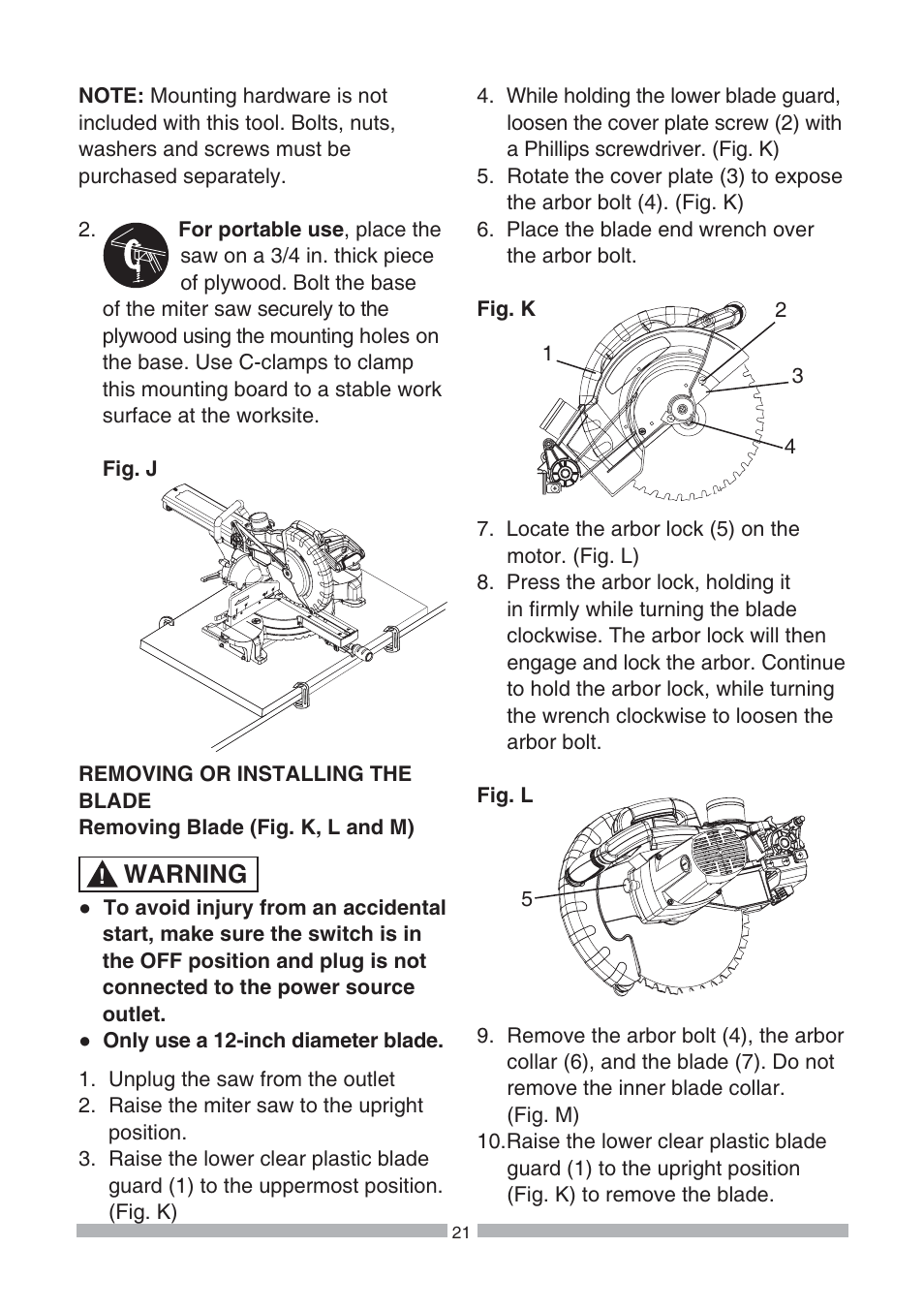 Warning | Craftsman 137.21239 User Manual | Page 21 / 50