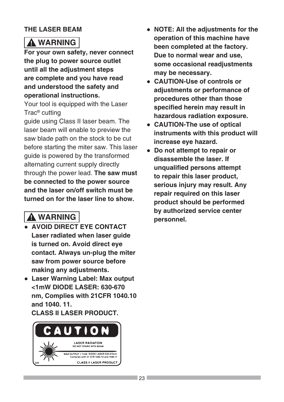 Warning | Craftsman 137.21239 User Manual | Page 23 / 50