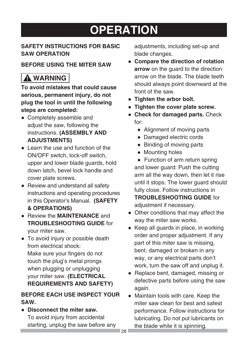 Operation, Warning | Craftsman 137.21239 User Manual | Page 28 / 50