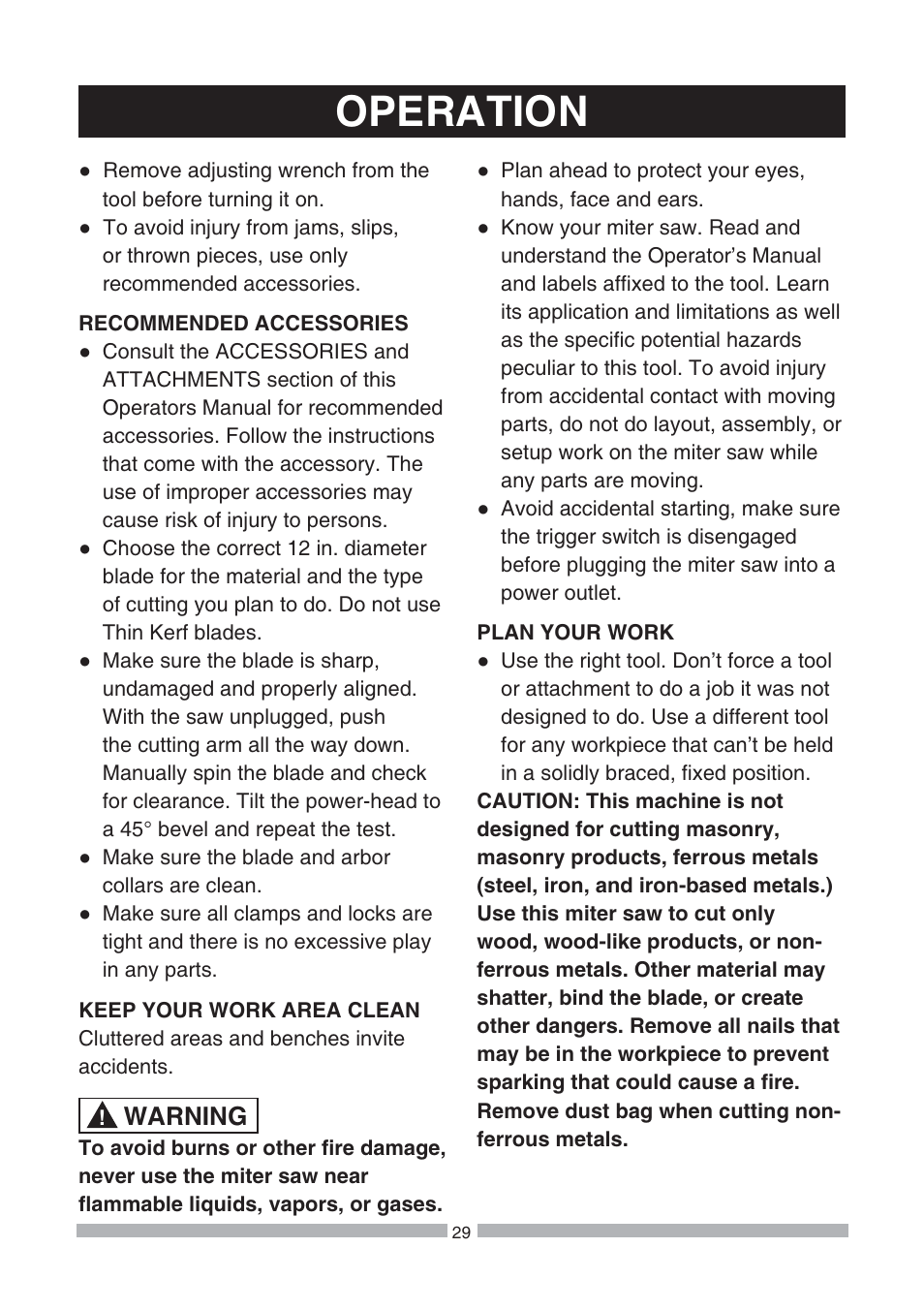 Operation, Warning | Craftsman 137.21239 User Manual | Page 29 / 50