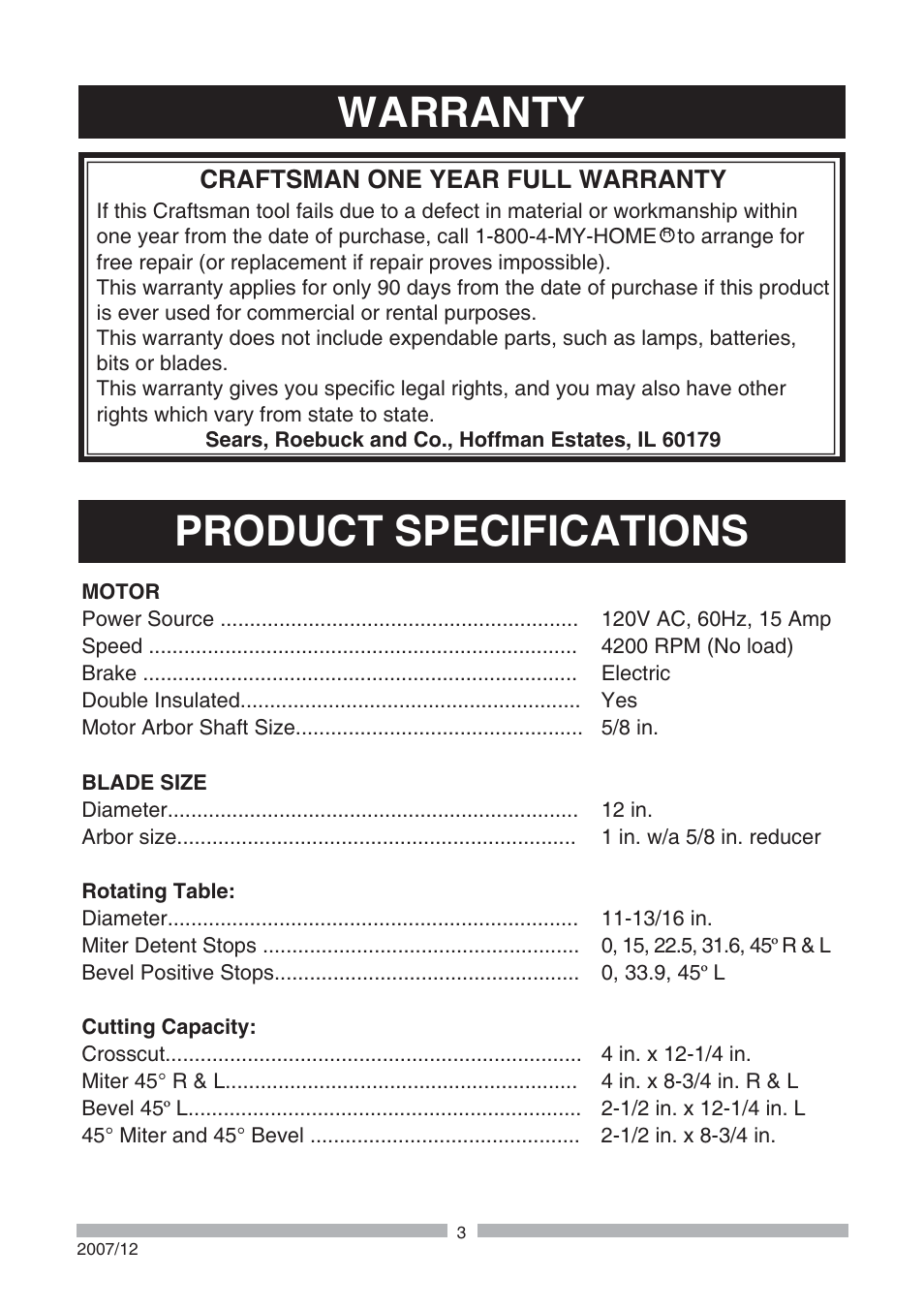 Warranty product specifications, Craftsman one year full warranty | Craftsman 137.21239 User Manual | Page 3 / 50